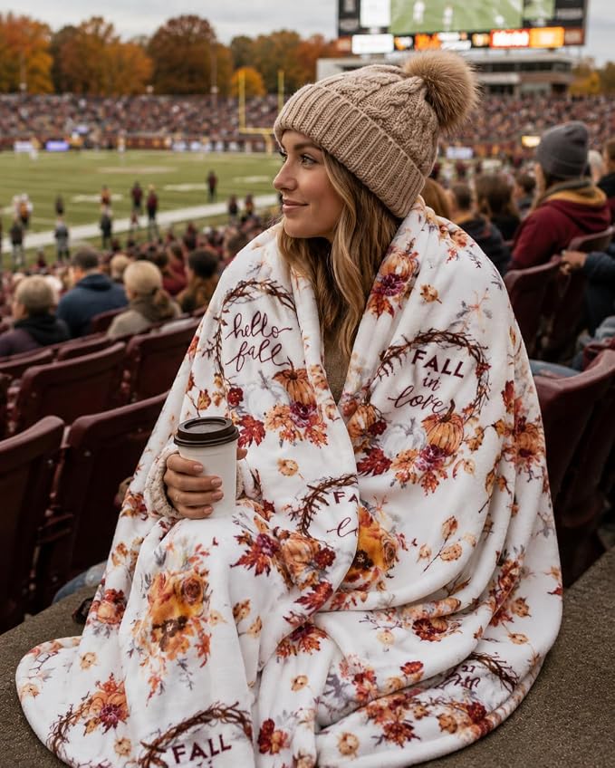Serafina Home Fall Fleece Throw Blanket: Soft Harvest Hello Fall Pumpkin Floral Design, Autumn Colors on White, 70" x 50"