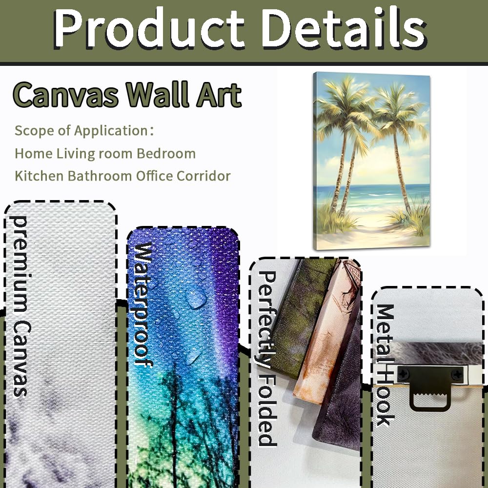 Tropical Beach Canvas Wall Art Palm Tree Pictures Wall Decor Ocean Landscape Painting Prints for Living Room Bedroom Bathroom Decor Framed(Tree-3,12L x 18W)