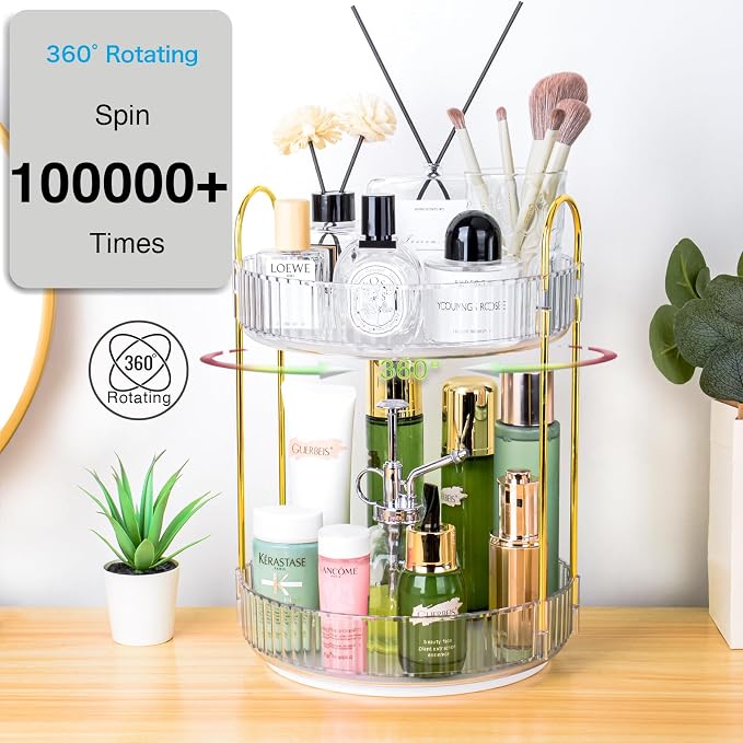 360 Rotating Makeup Organizer - Large Capacity Spinning Perfume & Cosmetic Skincare Holder for Countertop (Pearl White, 2 Tier)