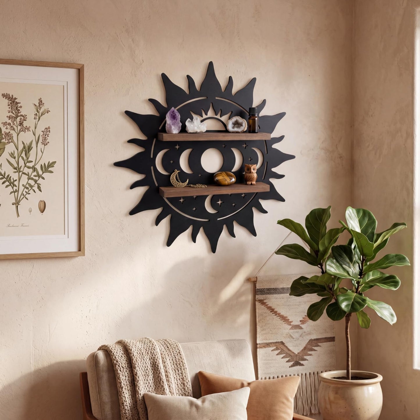Moxweyeni Crystal Display Shelf for Wall, Wooden Lotus Floating Shelf with Iron Backing Crescent Moon Boho Wall Hanging Storage Organizer Decorative Trinket Holder for Stones Gems Home Décor