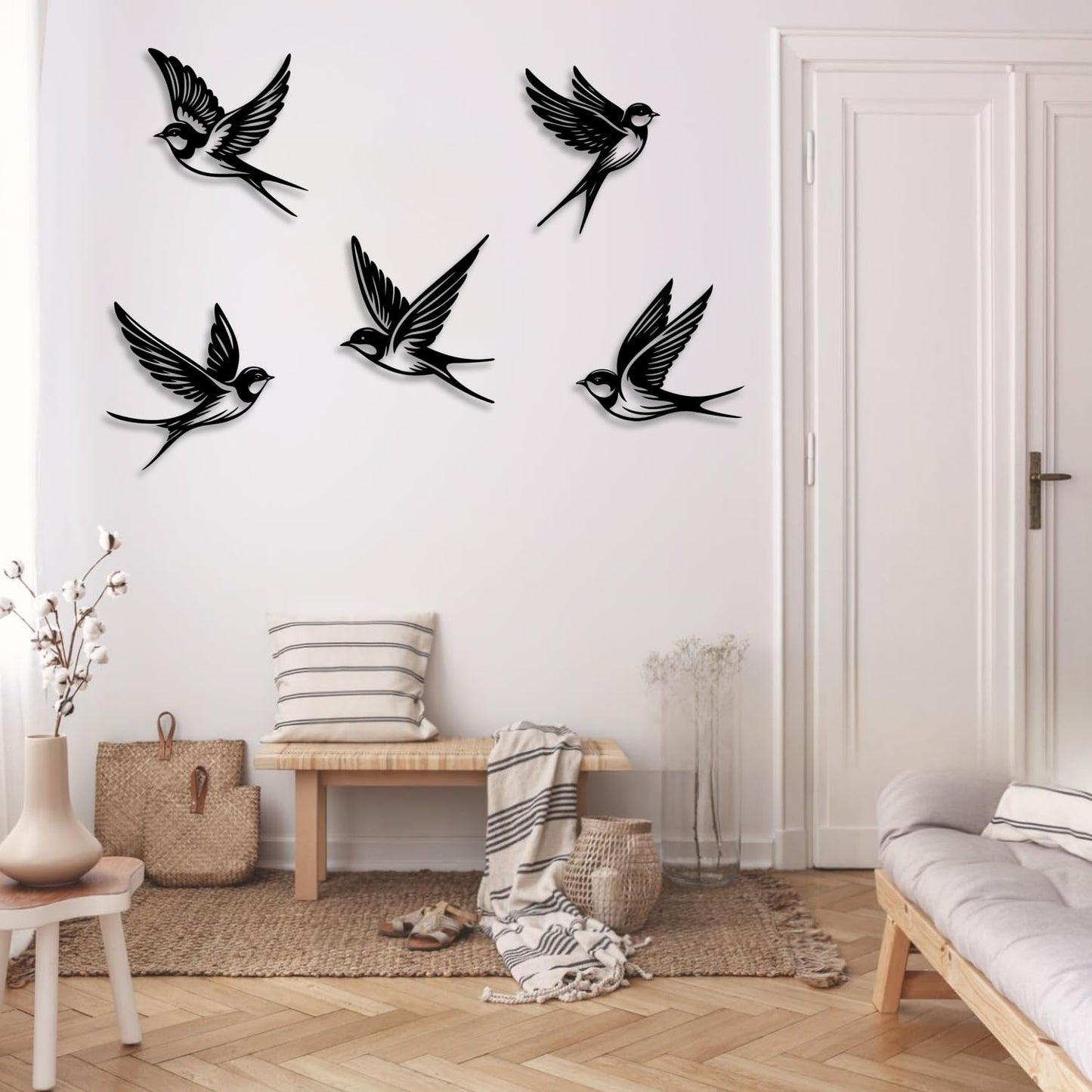 LIYOUYA 5 Pieces Metal Bird Wall Decor - Rustic Farmhouse Room Decor Simple Bird Flock Black Wall Art Home Decor for Living Room, Bedroom, Dining Room, Farmhouse (Black)