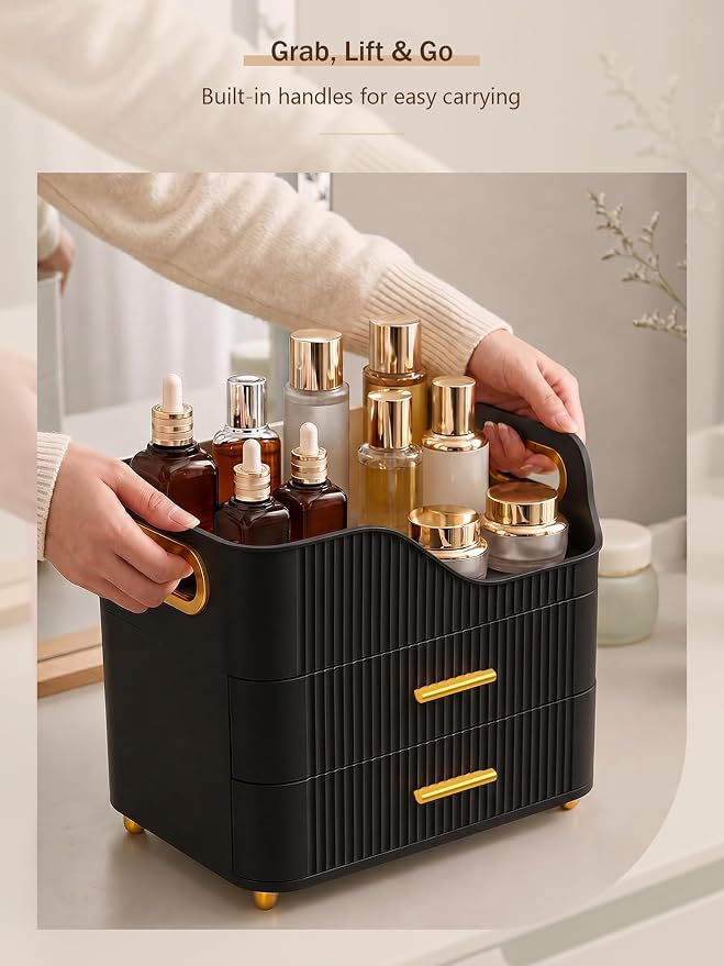 Booklov Countertop Makeup Organizer with Drawers, 3 Tier Large Cosmetic Storage Box for Vanity, Bathroom Counter, Dresser, Skincare Display Case for Lipsticks, Beauty Palettes, Teen Girl Gifts, Black