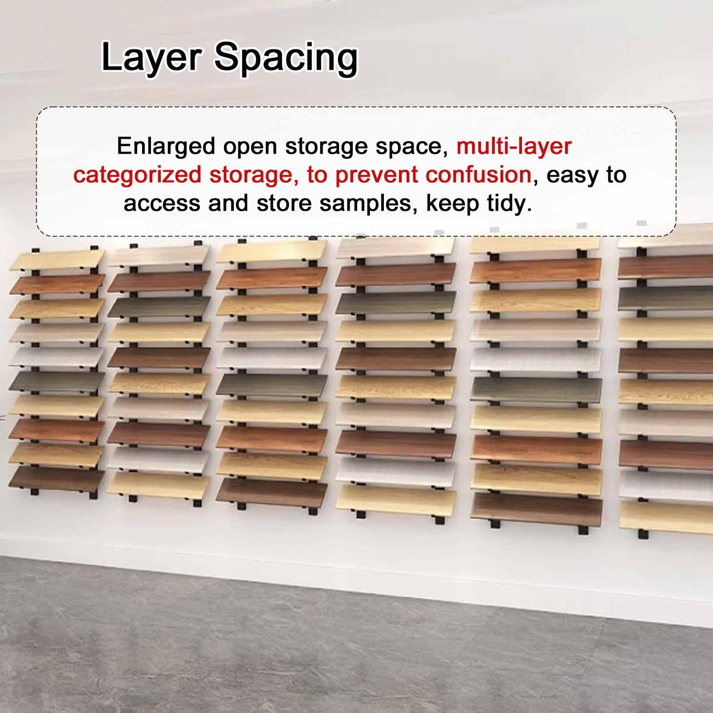 Floor Tile Sample Rack,Wall-Mounted Tile Sample Display Stand, 10-Tier Metal Holder for Retail, Heavy-Duty Floor Storage Rack, Space-Saving Wooden Shelf, Ideal for Showrooms (55.12x4.13in)