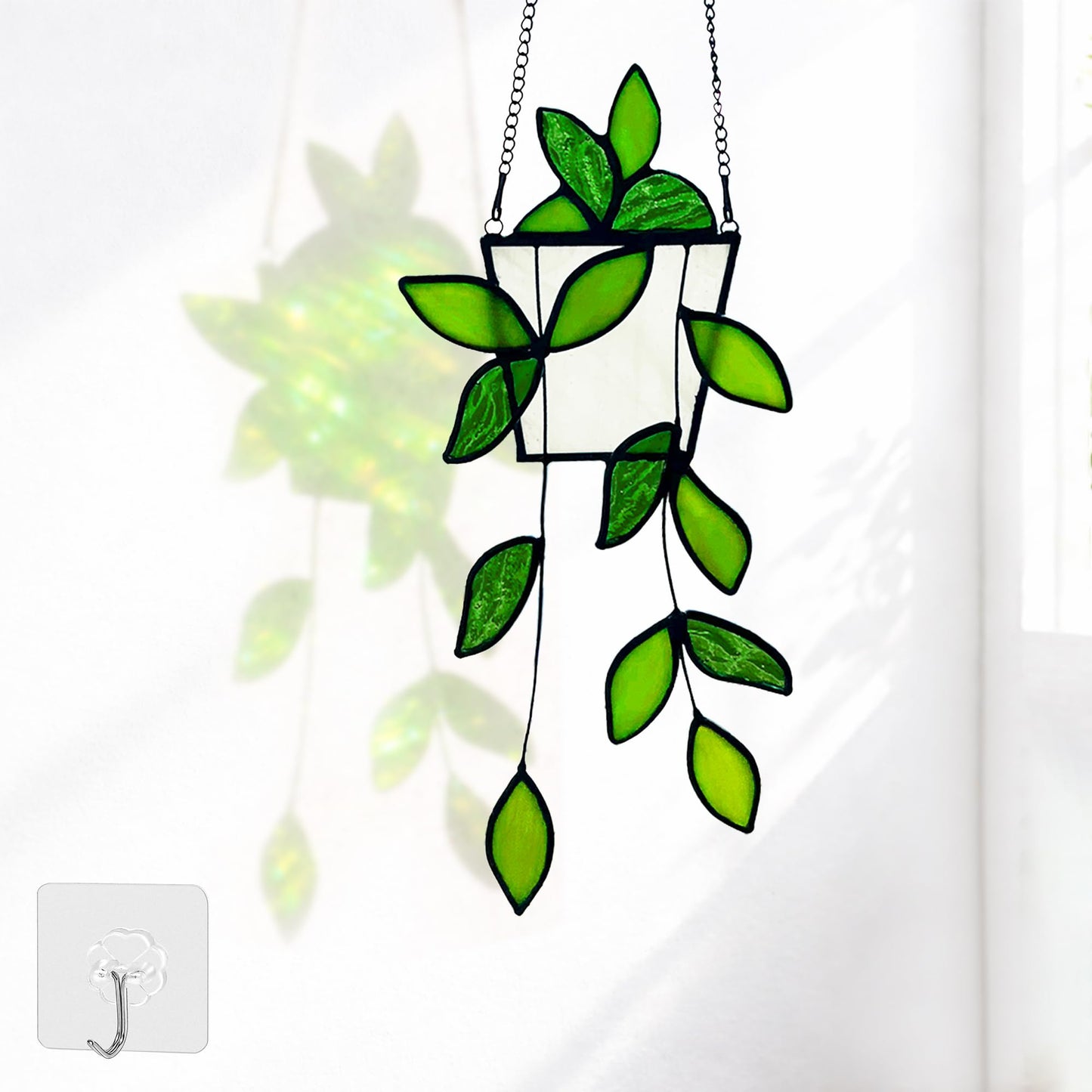 Plant Stained Glass,Stained Glass Window Hanging,Real Handmade Suncatcher,Artificial Green Plants Decor for Women Mom Grandma Plant Lovers,Sun Catcher for Home Windows