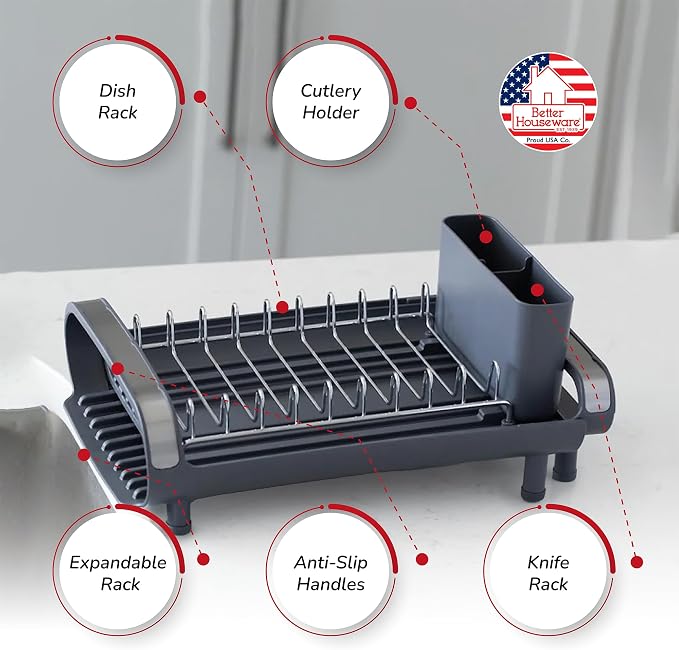Better Houseware in Sink Dish Drying Rack, Dish Drying Rack in Sink with Non-Slip Handles, Stainless Steel Space-Saving Design, Dish Rack Holds 8 Plates, 12.25 x 18 x 10.75 Inch, Gray