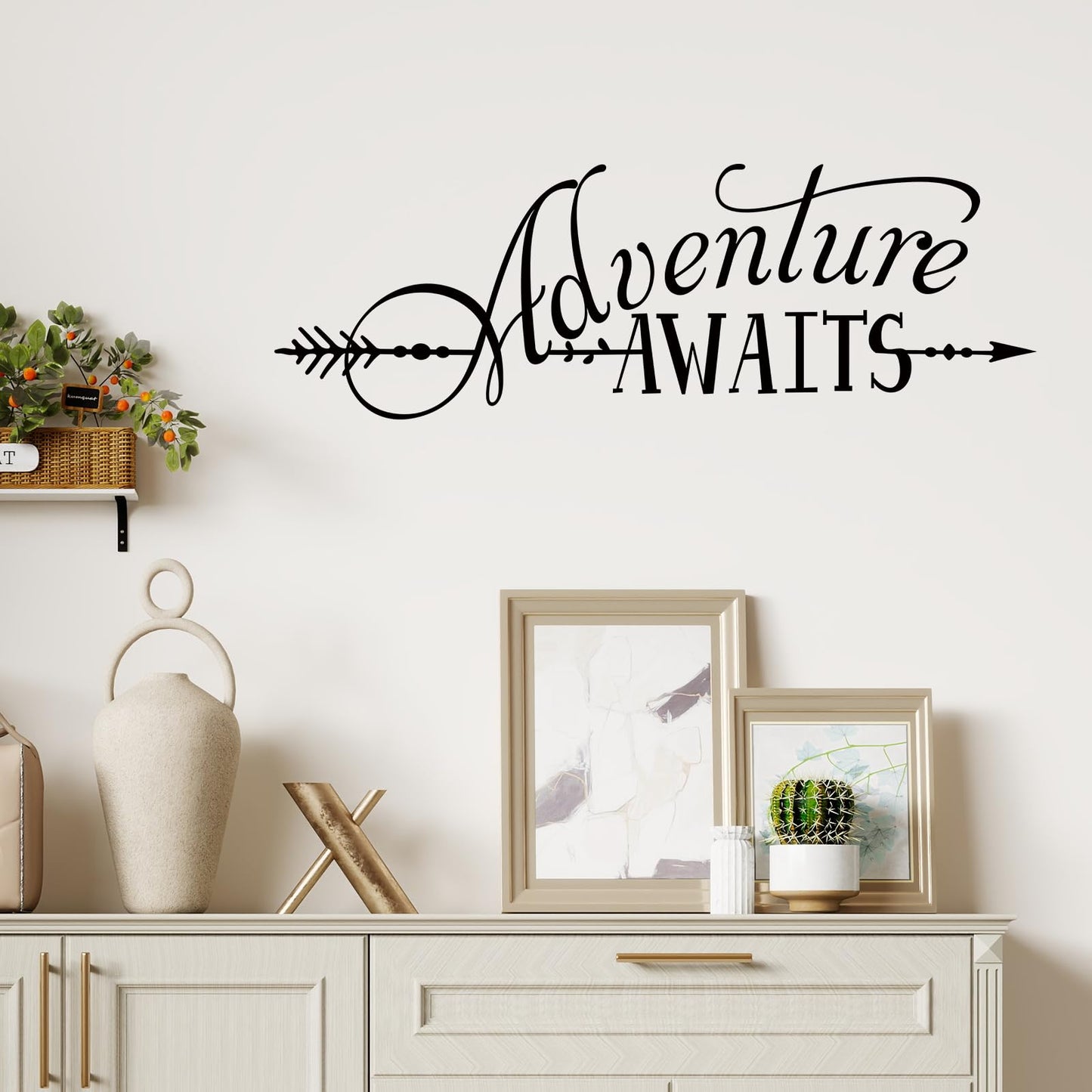 BATTOO Adventure Awaits Wall Decal Quote, Vinyl Lettering with Arrow, Adventure Quote Travel Wall Decal Sticker 22" W 7.5" H, Tribal Theme Room Decor, Black