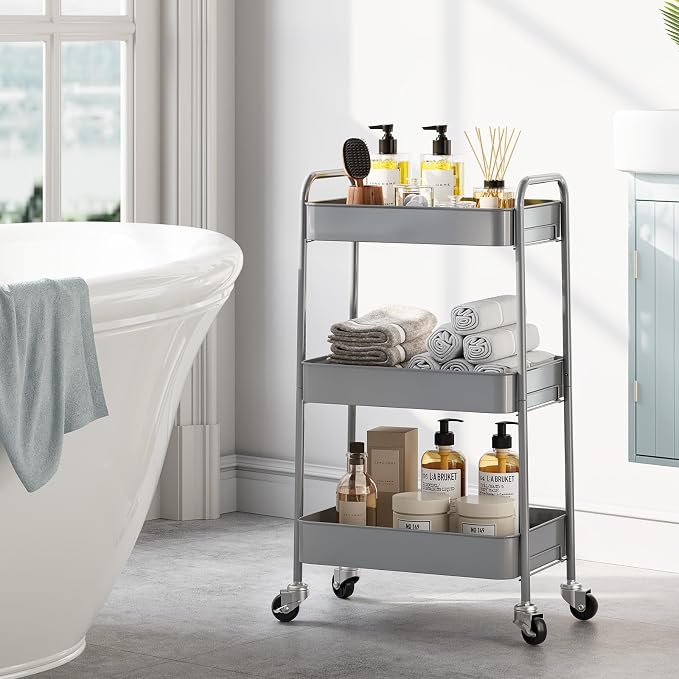 TOOLF 3-Tier Rolling Cart - Metal Utility Storage Organizer with Lockable Wheels, 33 lbs Per Shelf, Tool-Free 5-Min Assembly, for Kitchen Bathroom Office Nursery Craft Room, Grey