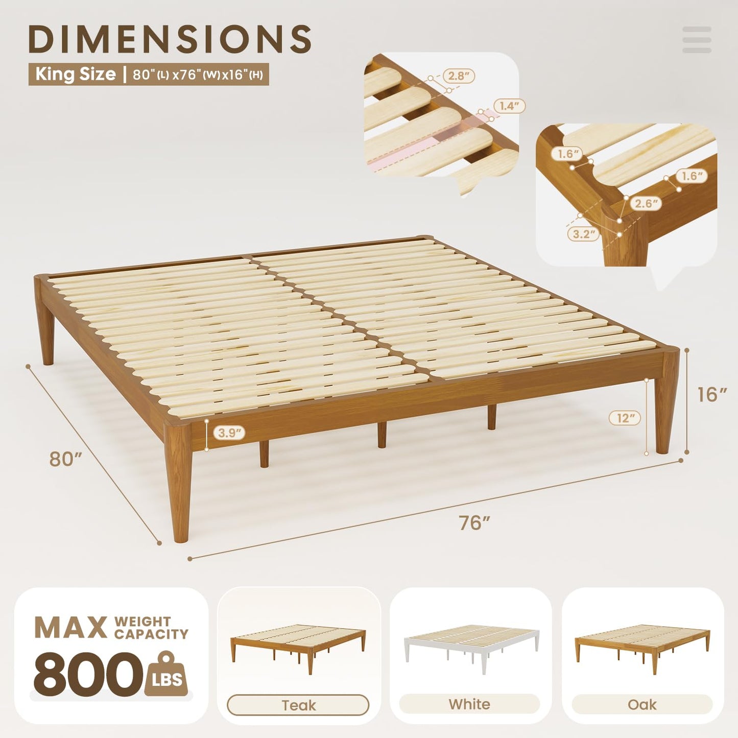 IOTXY King Platform Bed Frame - Solid Wood 16-Inch Height Mattress Foundation Base with Densely Slats and Heavy-Duty Support Legs, No Box Spring Needed, Teak