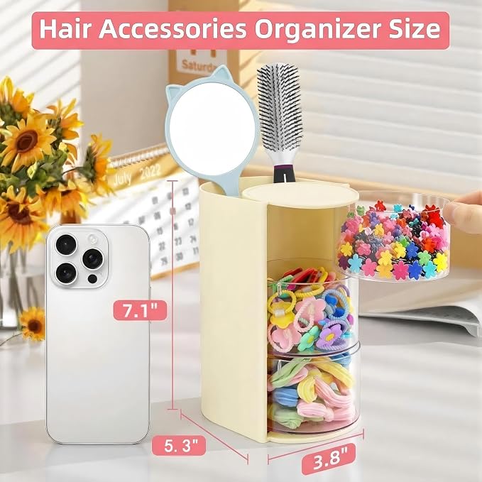 Hair Accessories Organizer with Hair Brush Holder, Rotatable Makeup Brush and Jewelry Storage Box for Hair Clips, Earrings, Necklaces, Bracelets, Rings, and Daily Accessories (Off White,3-Layer)