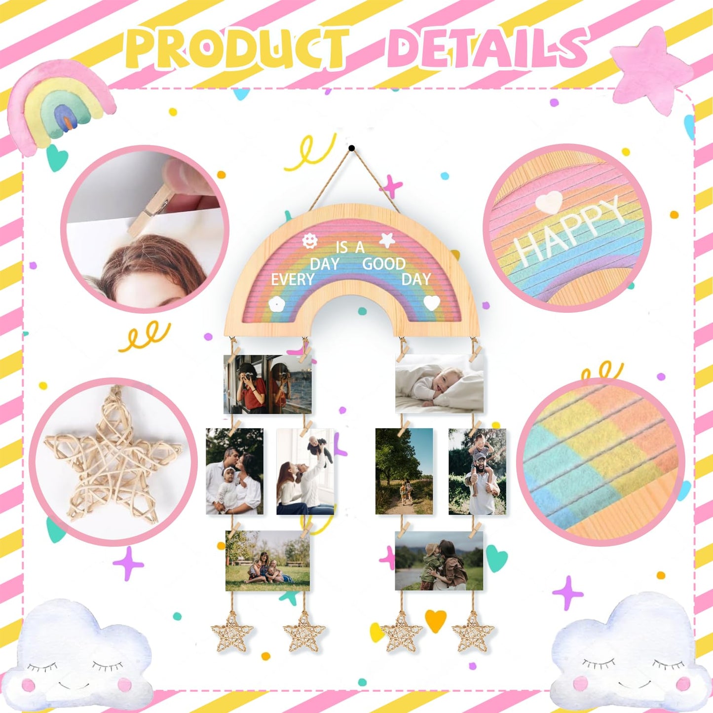 CJIAWYS Picture Frames Collage Wall Decor Hanging Photo Display, Personalized Gifts for Teen Girls, Unique DIY Rainbow Felt Letter Board with 340 Letters and 20 Clips for Kids Teenage Birthday Party