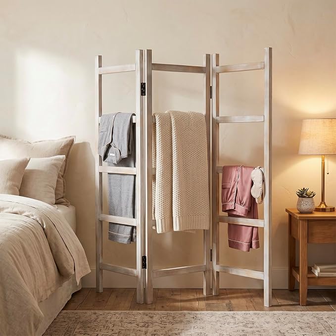 Blanket Ladder,59" H Wood Blanket Ladder for Living Room, Decorative Quilt dispaly Rack, Free Standing and Folding Towel Rack for Bathroom,Whitewashed.
