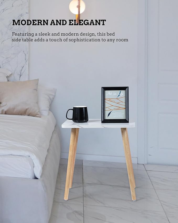 FORAOFUR Small Side Table, Set of 2 Modern Mini Coffee Table with Natural Wood Legs, Quick Assembly End Furniture for Bedroom Living Sofa, Minimalist Design for Nursery and Compact Homes, Marble