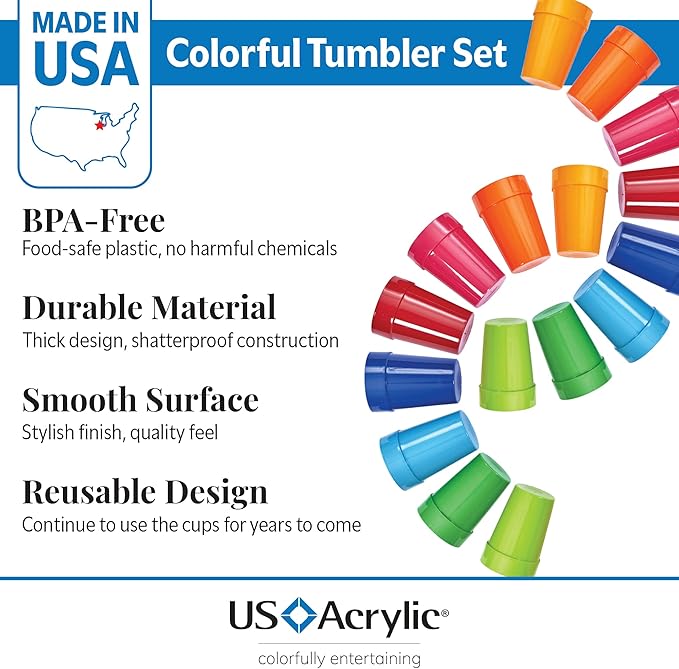 US Acrylic Spectrum Unbreakable Plastic 10 ounce Stackable Juice Tumblers in 8 Assorted Colors | Set of 16 Kids Drinking Cups | Reusable, BPA-free, Made in the USA, Top-rack Dishwasher Safe