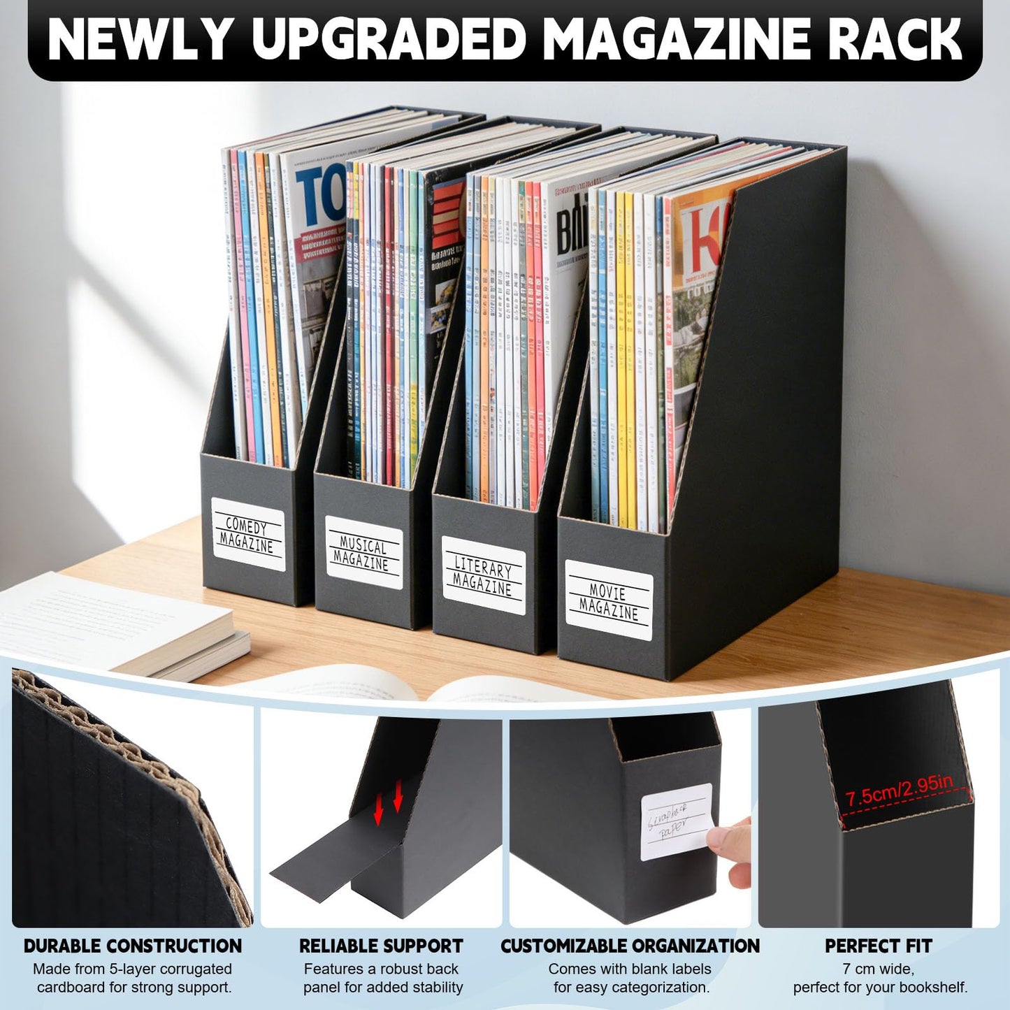YOTINO Black Magazine Holder, 8 Pack Cardboard Magazine File Holders, Vertical Desktop File Holder Organizer, Sturdy Magazine Rack for Office, Home and Classroom