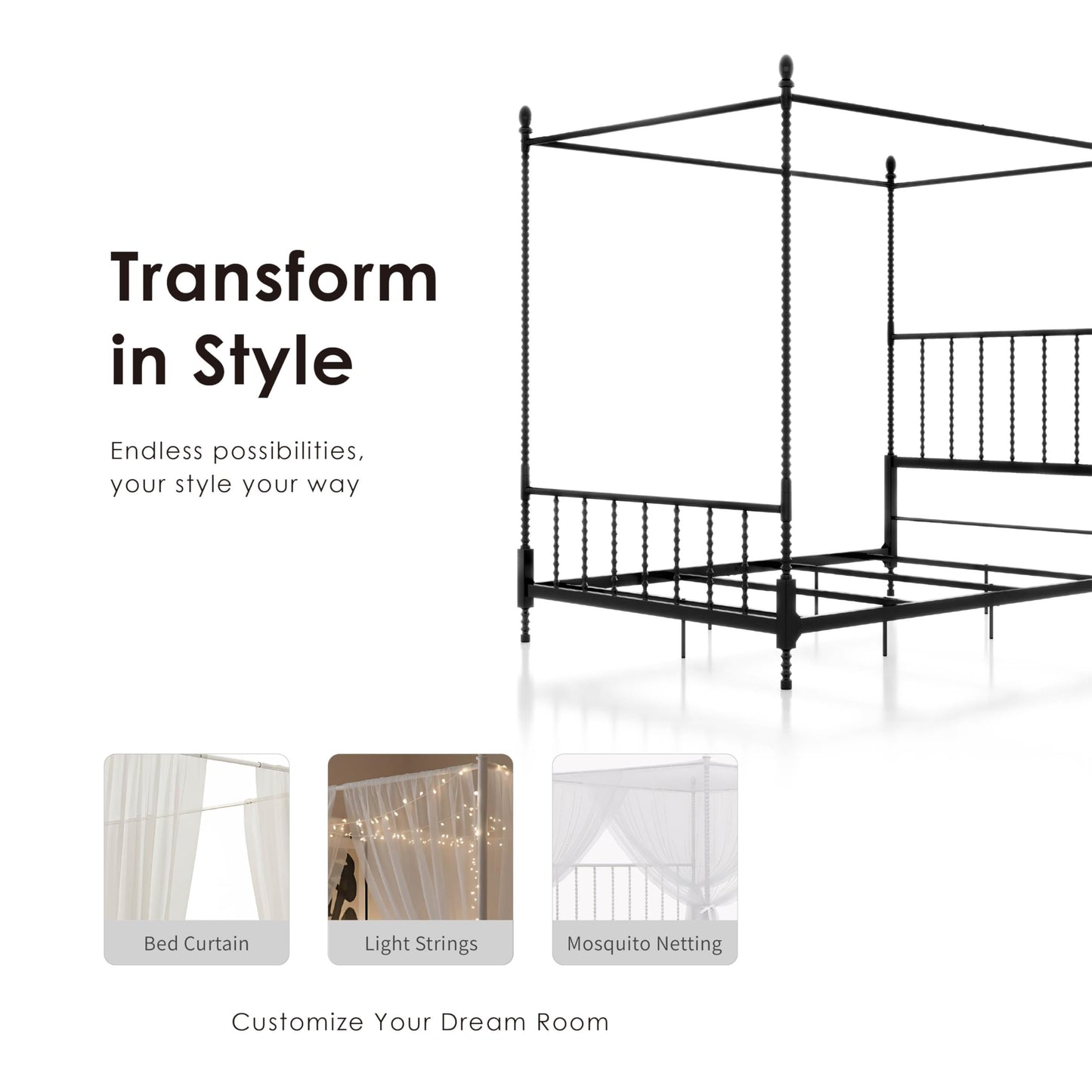Furniture of America Vaeli Modern Metal King Size Four Poster Bed Frame with Spindles, Canopy Bedframe for Bedroom, Guest Room, Box Spring Required, Black