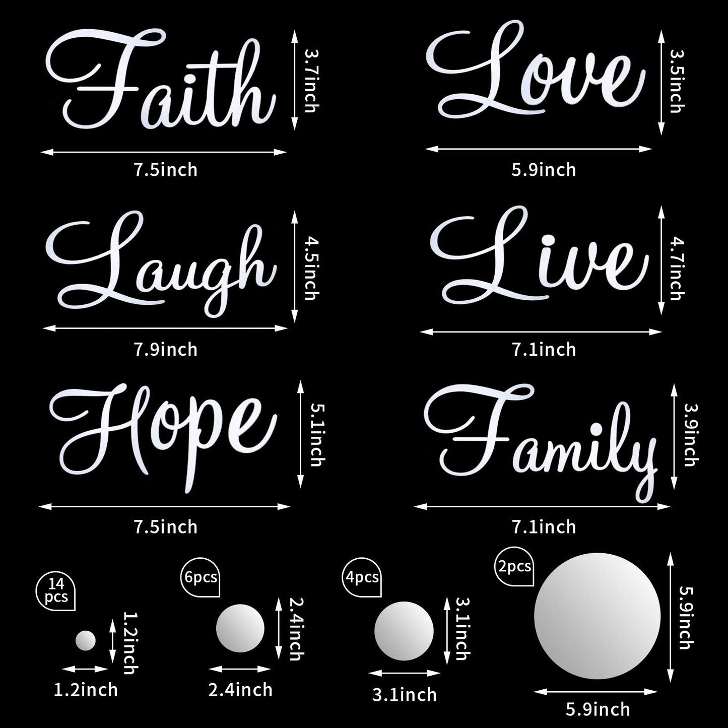 Zonon 3D Acrylic Mirror Wall Decor Stickers 6 Word DIY Faith Live Laugh Hope Love Family Mirror Wall Decor 26 Solid Circle Stickers for Home Bedroom Office(Silver)