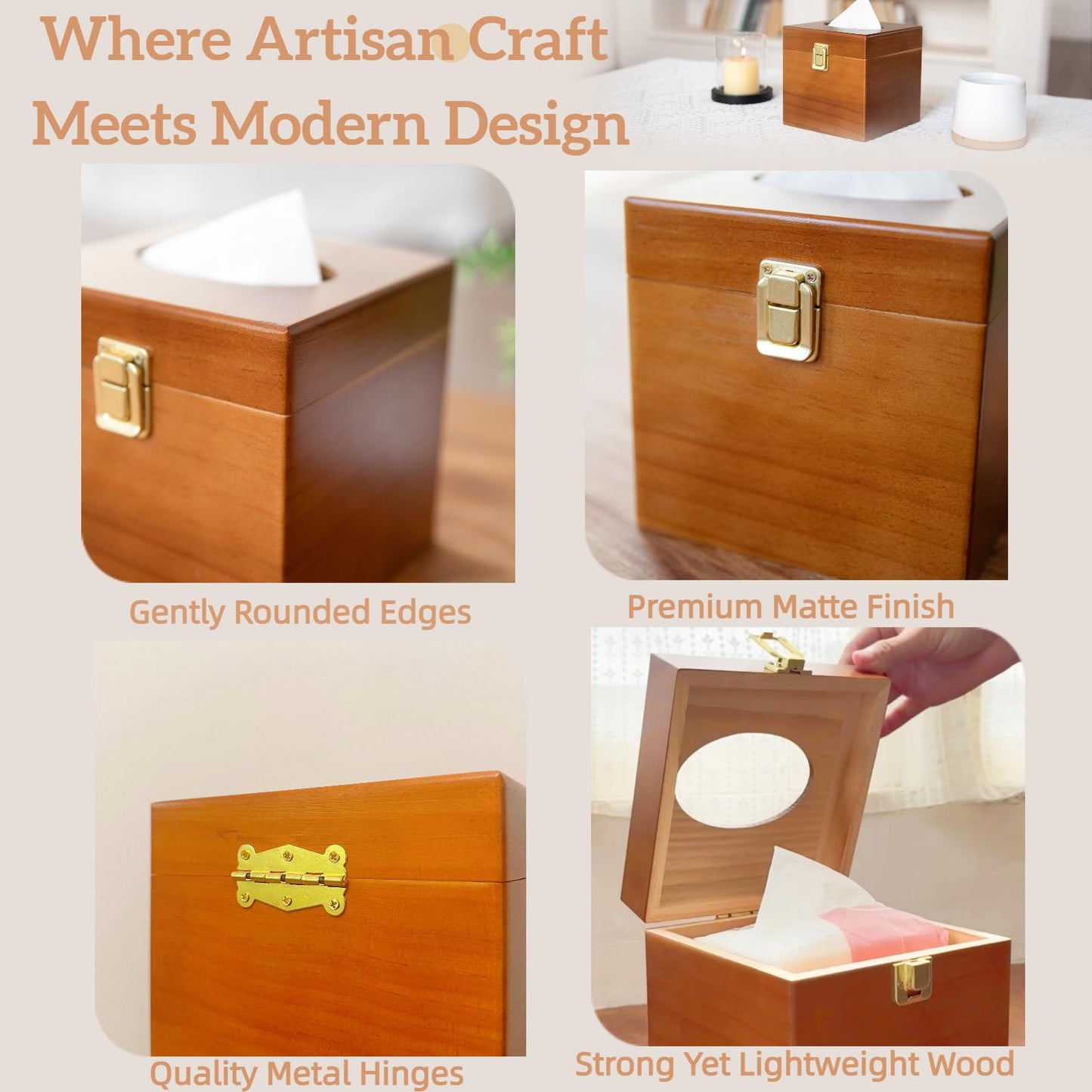 Wooden Square Tissue Box Cover with Lid, Decorative Cube Tissue Box Holder, Bathroom Accessories, Office Decor, Home Decor for Modern Farmhouse Classic Style