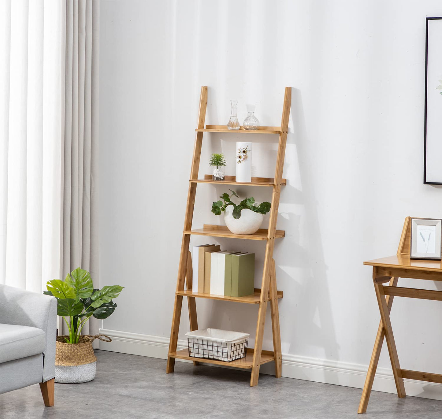 SOBIBO Ladder Shelf Bookshelf, 5-Tier Leaning Shelf, Free Standing Organizer Storage Shelves, Storage Rack Shelf for Office, Living Room, Nature