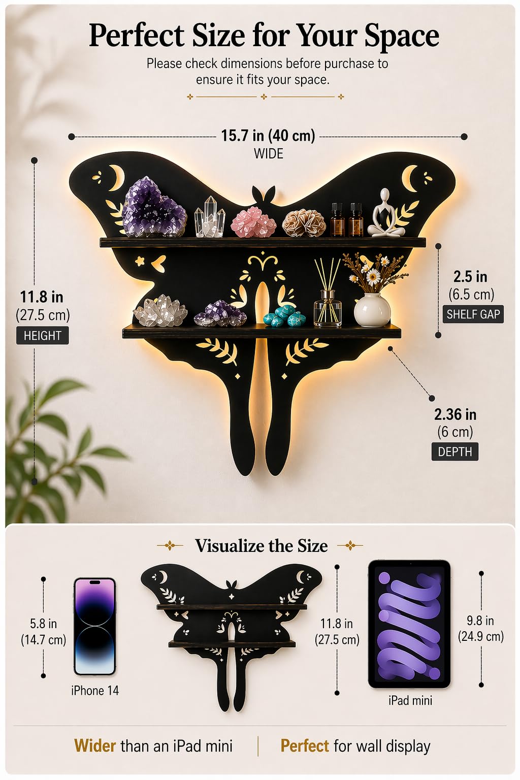 HBSGS Crystal Display Shelf Wall Gothic Shelves with LED Light, Luna Moth Theme, for Trinket, Crystal Rock, Gem, Healing Stone, Essential Oil (Moth-15.7 * 11.8inch/40 * 27.5cm)