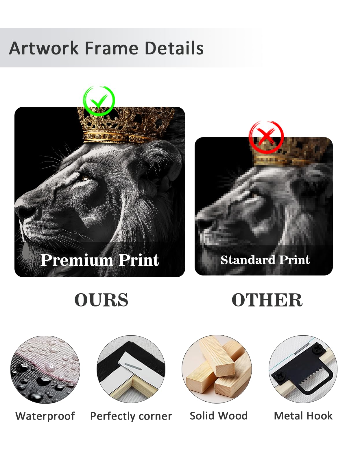 Lion King and Queen Wall Art 2 Piece Golden Crown Lion Canvas Picture Animal Couple Poster African Wild Animal Painting Black and White Artwork for Living Room Bedroom Decor(Ani-02,12"x16"x2)