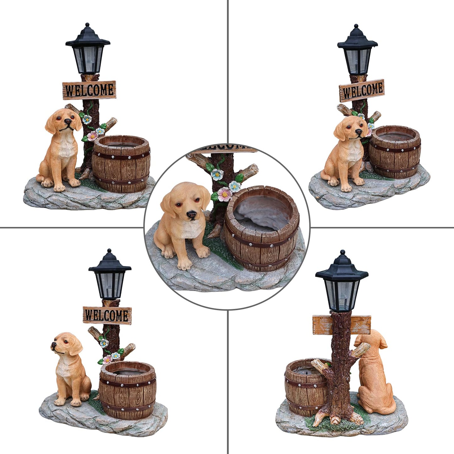 UNOIRNM Golden Retriever Puppy Garden Statue - with Solar Light and Wood Barrel Planter, 18.5" Tall Welcome Dog Figurine for Lawn Decor, 9.3 lbs Durable Resin Outdoor Ornament, 15.4" Length
