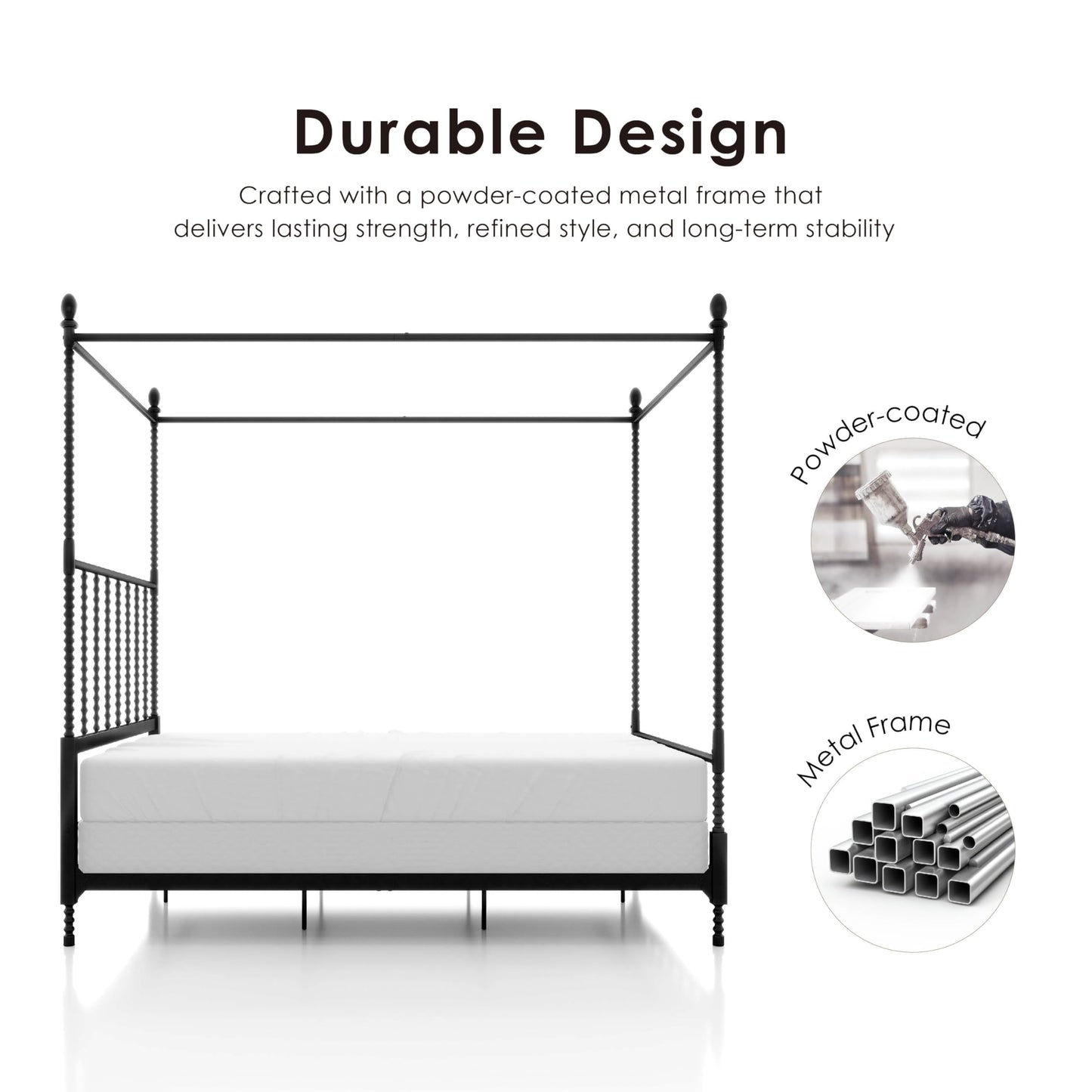 Furniture of America Vaeli Modern Metal King Size Four Poster Bed Frame with Spindles, Canopy Bedframe for Bedroom, Guest Room, Box Spring Required, Black