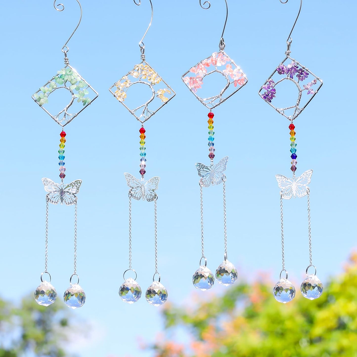 Crystal Suncatchers Butterfly Prism Green Tree of Life Ornament, Clear Prisms Ball for Windows Wall Home Wedding Hanging Decor