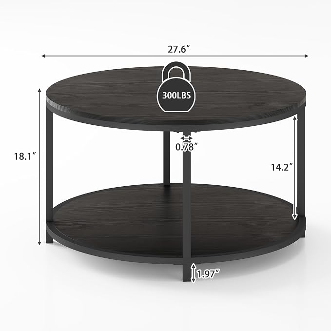 NSdirect Round Coffee Table, 27.6" Small Coffee Table for Living Room,2-Tier Rustic Wood Desktop with Storage Shelf Modern Design Home Furniture(Black)