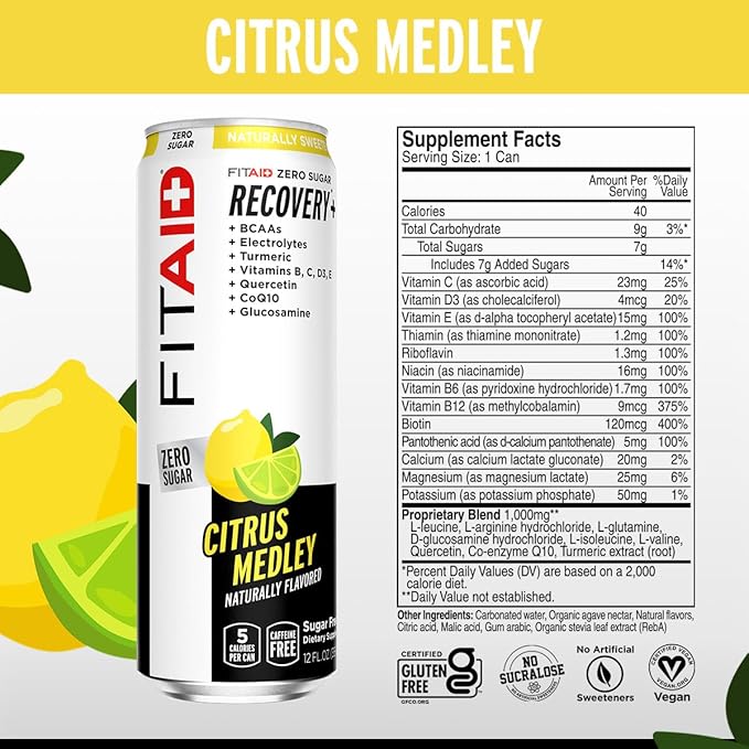 FITAID ZERO, Keto-Friendly, Number 1 Post-Workout Recovery Drink, Contains Zero Sugar, BCAAs, Glucosamine, 5 Calories, 12 Fl Oz (Pack of 12)