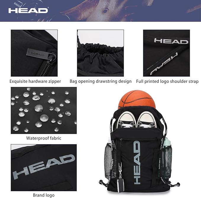 HEAD Waterproof Gym Sackpack for Sport with 2 Zipper Pockets, Large Drawstring Backpacks for Men with Side Pockets for Water Bottle (Blue)