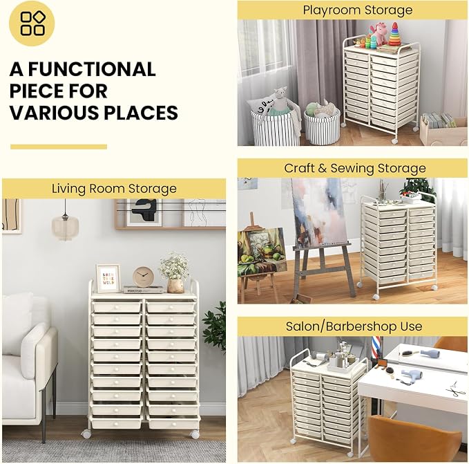 COSTWAY 20-Drawer Rolling Storage Cart, Utility Storage Organizer Cart for Tools, Scrapbook, Paper, Craft, Multipurpose Storage Trolley on Wheels for Home Office School, Ivory White