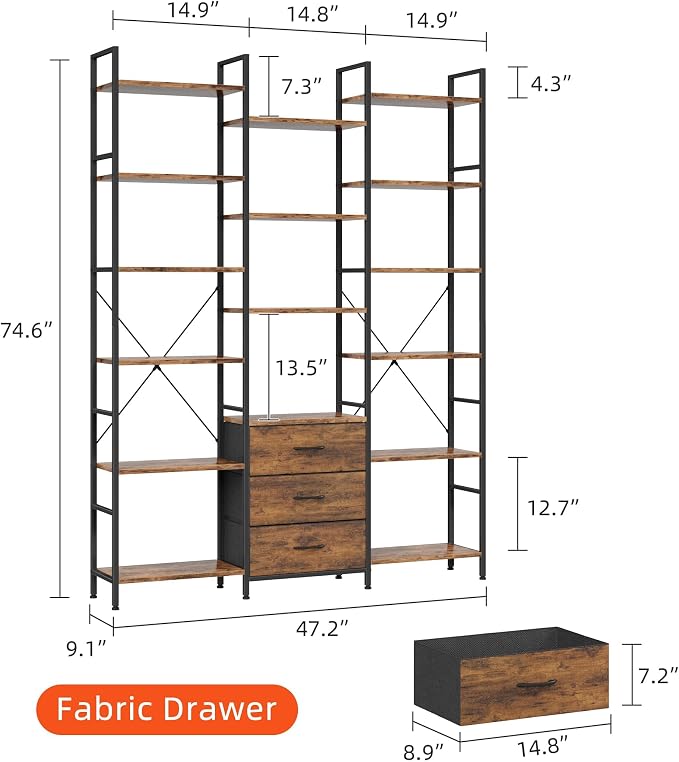 AFLUI Triple Bookshelf with 3 Fabric Drawers, 6-Tier Book Shelf and 10 Display Shelves, Industrial Large Bookcase for Home & Office, Rustic Brown, 47'' Wide
