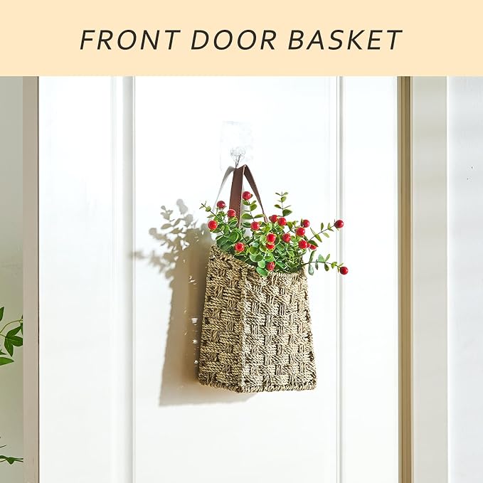 Wall Hanging Pocket Basket Portable Seagrass Storage Basket Decorative Boho Mounted Organizer Dried Flower Plants Front Door Basket for Garden Farmhouse Home