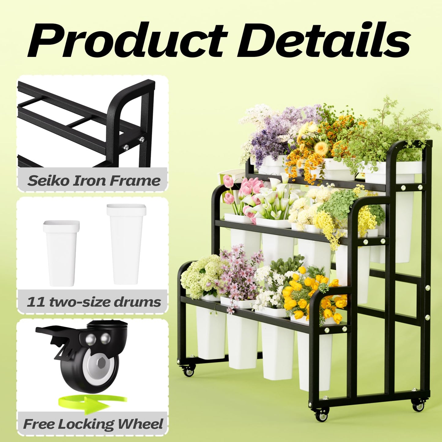 GVRVHJS Heavy Duty 3-Layer Metal Flower Display Stand, 11-Bucket Flower Bar with Tool Basket, Thickened Frame & 360° Swivel Wheels, Flower Cart for Patio, Garden, Florist, Wedding & Party (Black)