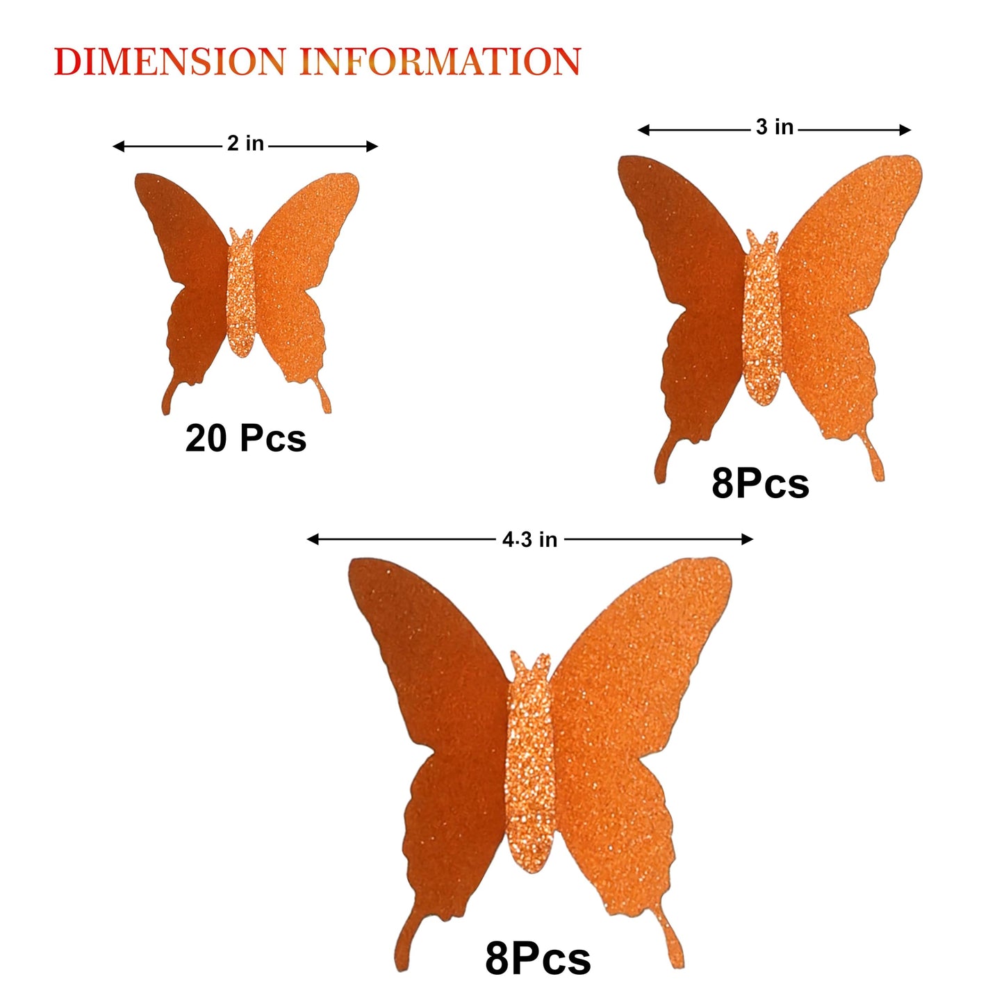 Glitter 3D Butterfly Wall Stickers – Orange Sparkle Butterfly Decals for Home Wall Décor, Bedroom, Living Room, Party Decorations, DIY Wall Art, Removable Peel and Stick Stickers