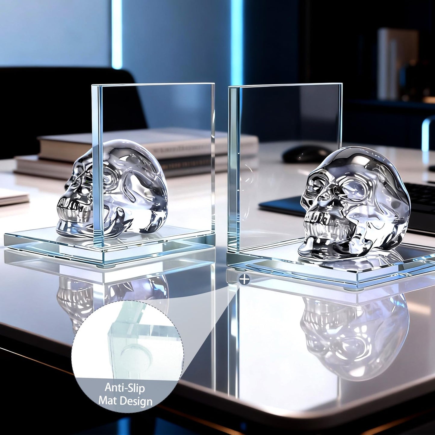 Skull Bookends Set of 2 – L Shaped Crystal Skull Decorative Bookends, Heavy Duty Non-Slip Book Ends for Shelves, Office and Home Decor