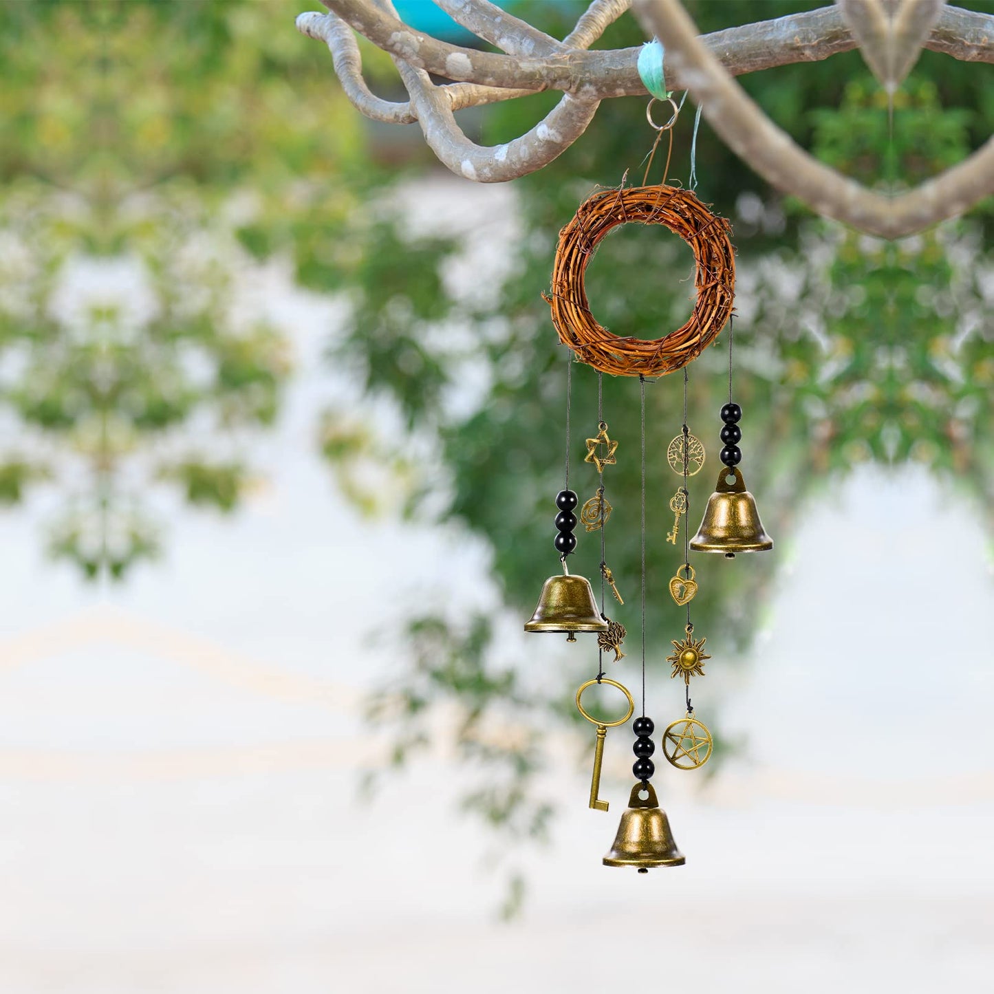 Jetec 2 Pieces Witch Bells for Door Knob for Protection Wind Chimes Door Hanger Wreath Handmade Hanging Witch Bells Magic Witchcraft Wicca Supplies for Home Protection Witchcraft Bell Decor(Novel)