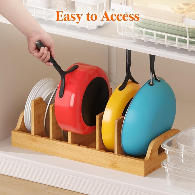 Lifewit Bamboo Pot Lid Organizers for Inside Cabinet, Pan Lid Holder with 6 adjustable Inserts & 7 Sections, Kitchen Pantry organizer and storage, Extra Large, 15.6" X 8.1"/40 x 21cm