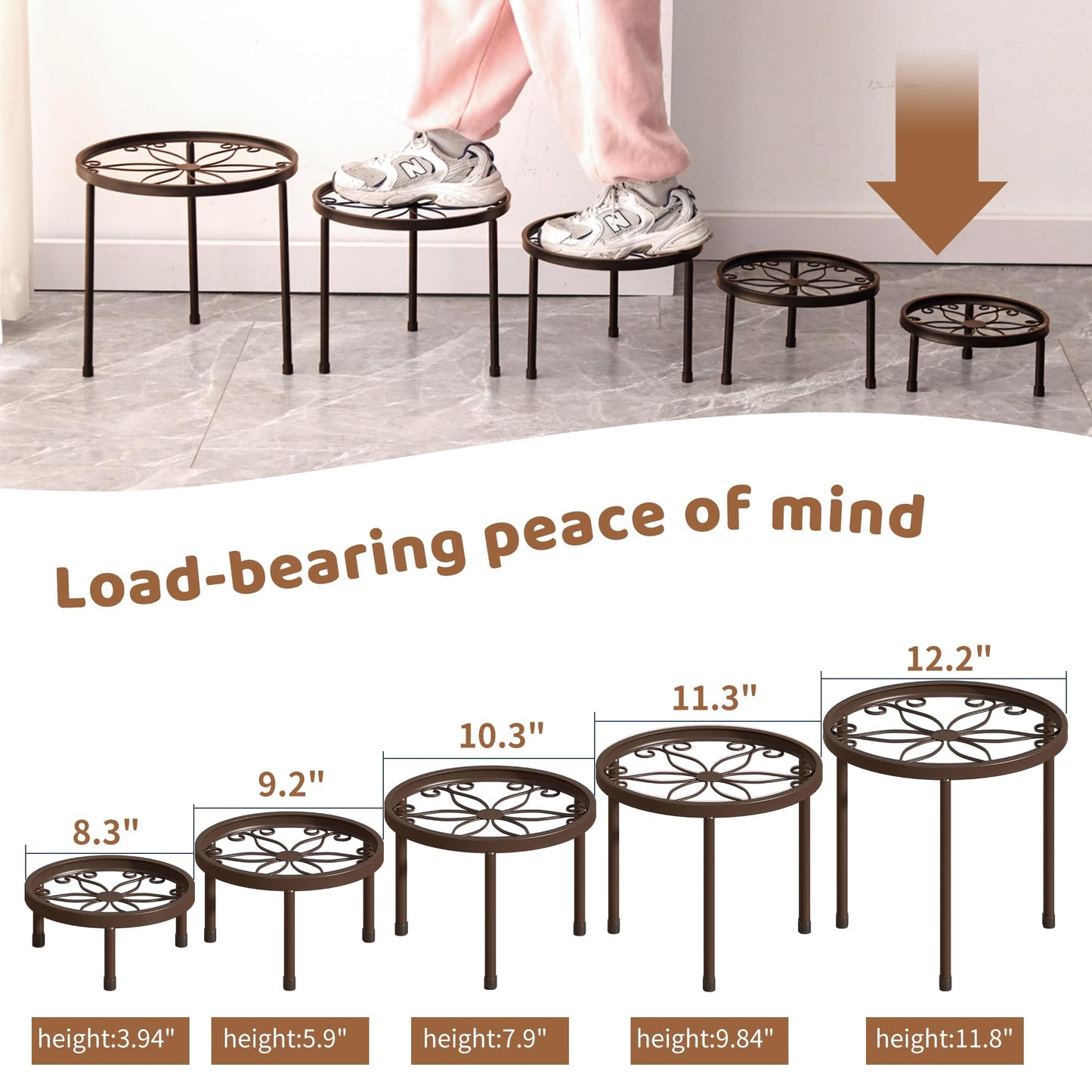 Plant Stand Indoor Outdoor 5 Pack Heavy Duty Metal Stand Multiple Plants, Anti-Rust Iron Flower Pot Stand Decoration Racks Plant Pot Shelf for Living Room Garden Balcony (Brown)