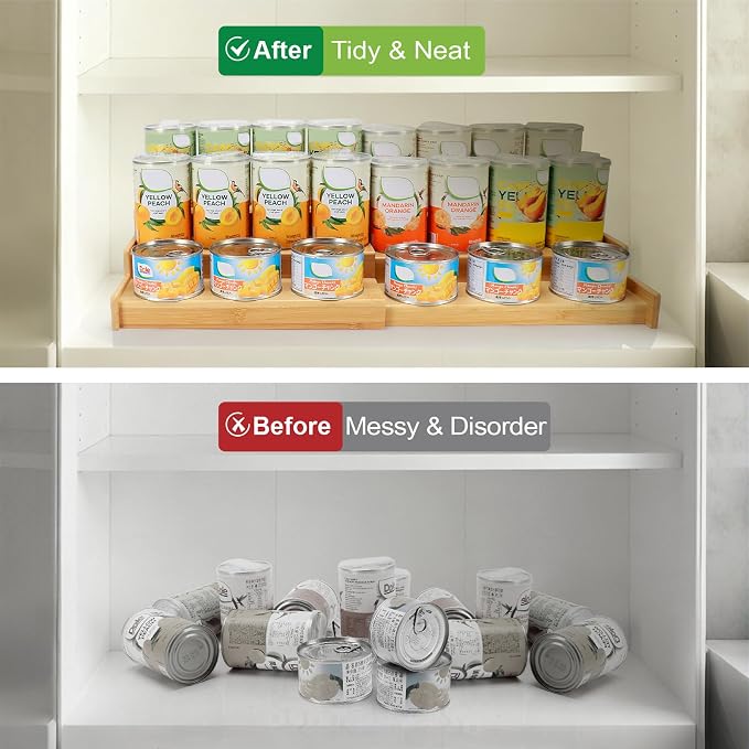 Expandable Can Rack Organizer for Pantry, 3 Tier Bamboo Adjustable Can Storage Holder, Soda Organizer Holds Up to 24 Cans, Canned goods Storage Display Shelf for Kitchen,Countertop, Cabinet