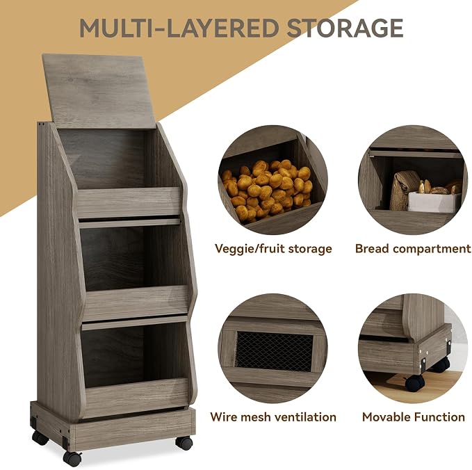 ARTETHYS Potato and Onion Storage Bin with Wheels Gray Set of 2 Movable Bread Box with Lid Onion Organizer with Grocery Section Decorative Vegetable Organization Cabinet for Kitchen