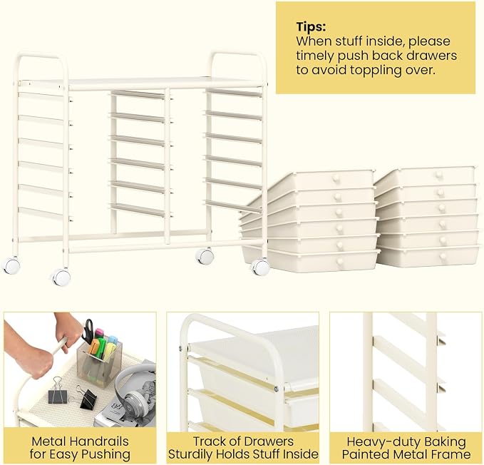 COSTWAY 12-Drawer Rolling Storage Cart, Utility Storage Organizer Cart for Tools, Scrapbook, Paper, Craft, Multipurpose Art Supply Organizer on Wheels for Home Office School, Teacher, Ivory White