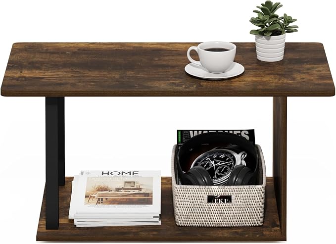 Furinno Basic Coffee Table, 2-Tier Modern Coffee Table with Open Shelf, Easy Assembly Side Table, for Living Room, Bedroom, Home Office, Amber Oak