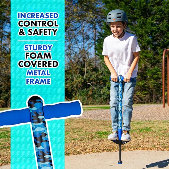 Flybar Pogo Stick for Kids, 40 to 80 Pounds, Perfect for Beginners, Easy Grip Foam Handles, Anti-Slip Foot Pegs, Outdoor Toys for Boys, Jumper Toys for Girls, Outside Toys for Kids (Jolt, Blue Camo)