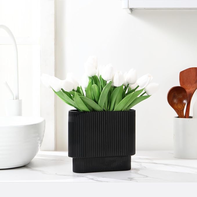 Ribbed Vase, Black Glass Vase for Flowers, Black Flower Vases for Tulips, Modern Vases for Living Room, Dining Table, Office, Bedroom, Mantle, Shelf, Wedding, 7 Inch