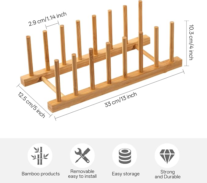HBlife 2-Pack Bamboo Wooden Dish Rack Holder Space-Saving Vertical Organizer for Plates, Cups, Pots, Lids, Bowls & Cutting Boards Kitchen Cabinet & Counter Storage