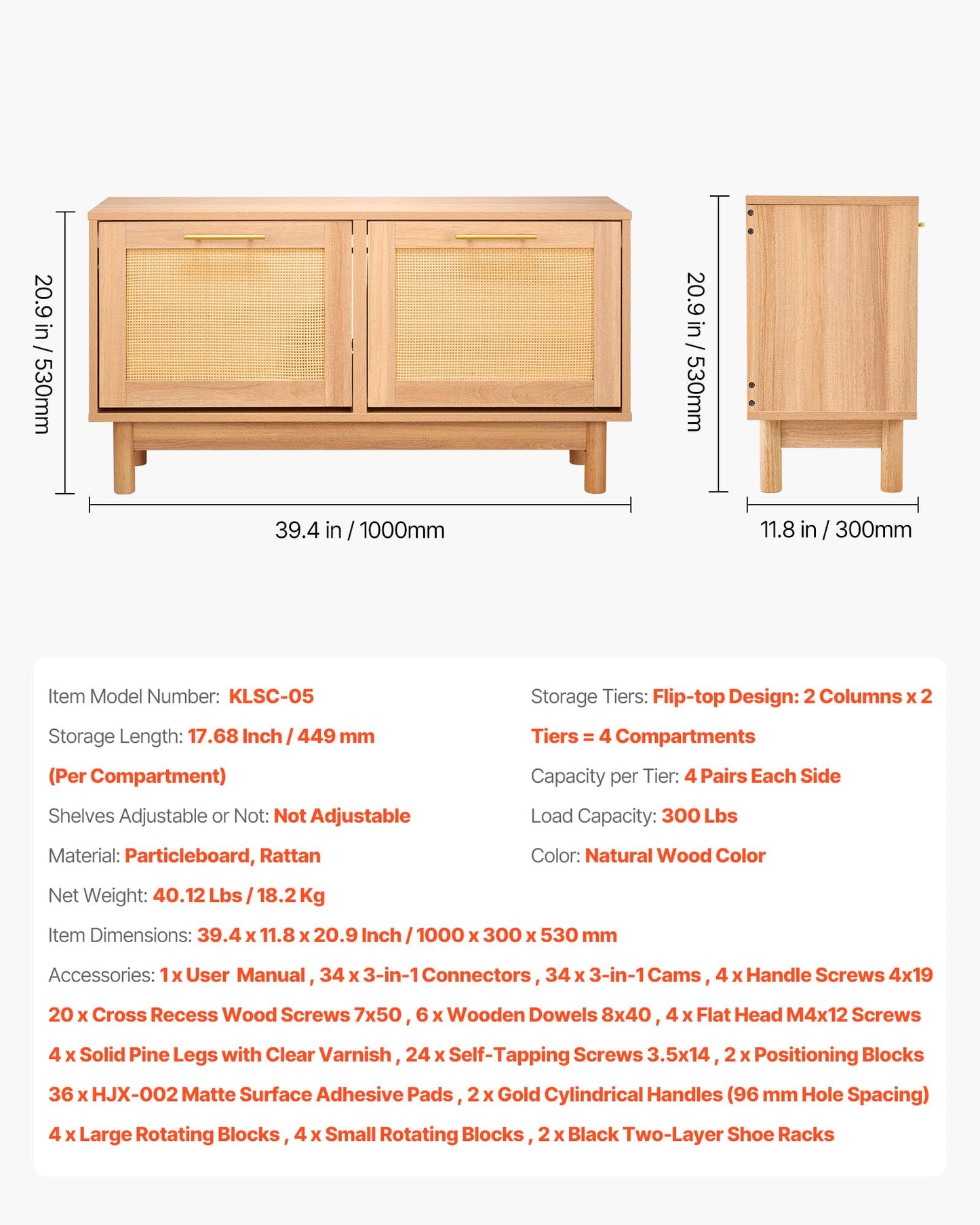 VEVOR Rattan Shoe Storage Bench, Entryway Bench with 2 Flip Drawers, Holds up to 300 lbs with 4 Compartments and 2 Rattan Doors, 39.4 x 11.8 x 20.9 Inches for Hallway, Living Room, Bedroom