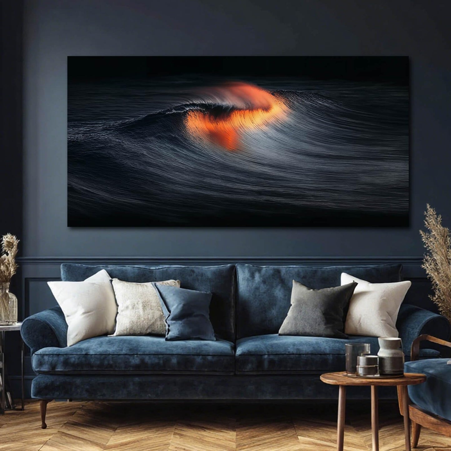 YETHEN WAL Dark Ocean Wave Wall Art Sunset Fire Canvas Prints Abstract Seascape Artwork for Living Room Bedroom Office Decor 24x48 Inch
