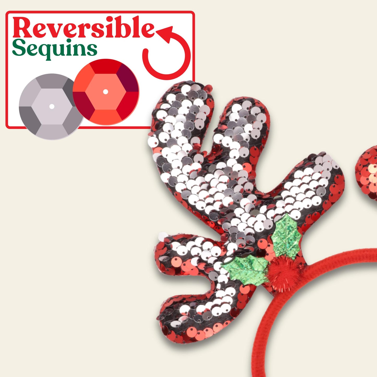 Needzo Color Changing Sequin Christmas Antler Headband, Reversible Red and Silver Sequins with Mistletoe, Festive Holiday Party Accessory, One Size Fits Most