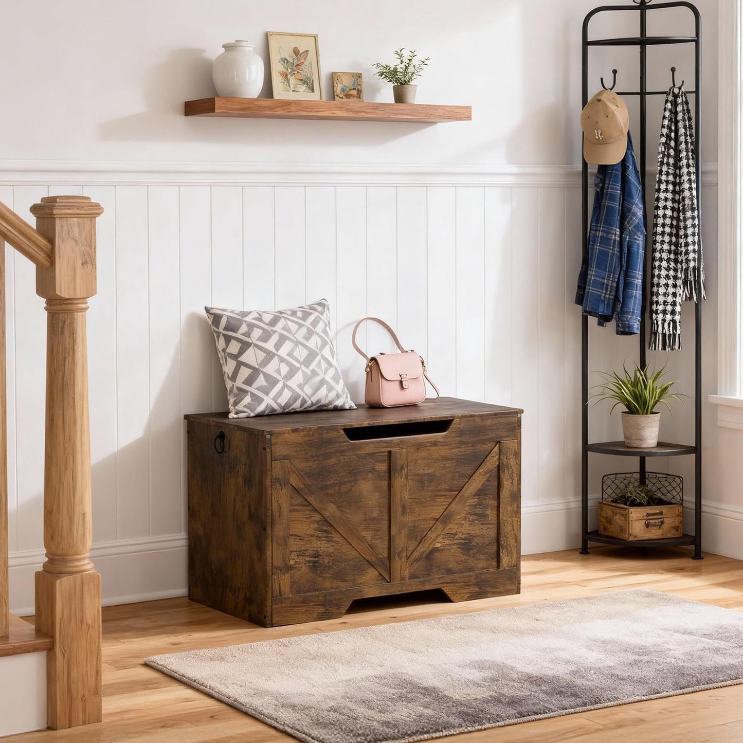 FDW 29.5 Inches Storage Bench, Retro Wooden Storage Benches with Safety Hinge, Entryway Storage Bench Supports 300 lb, Toy Chest Organizer, Easy Assembly for Entryway, Living Room, Brown